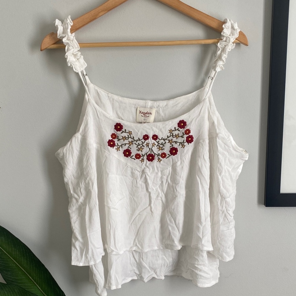 White Gauzy Camisole with Red Floral embroidered Detail
